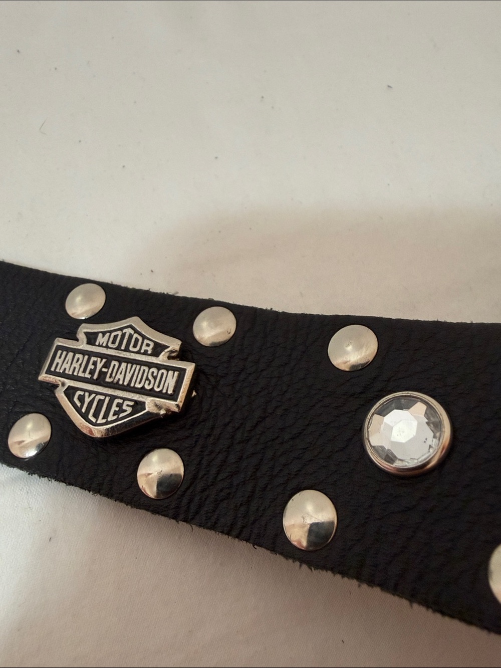 Harley-Davidson Black Leather Studded Belt with Crystals and Silver Logo Emblems - Picture 5 of 11
